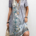 Grey Button Floral Print A Line Short Sleeve Dress