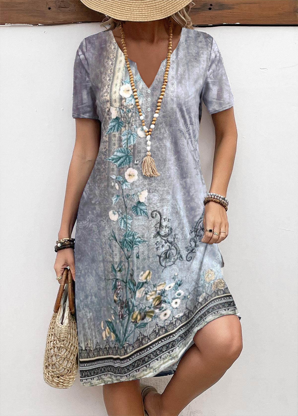 Grey Button Floral Print A Line Short Sleeve Dress