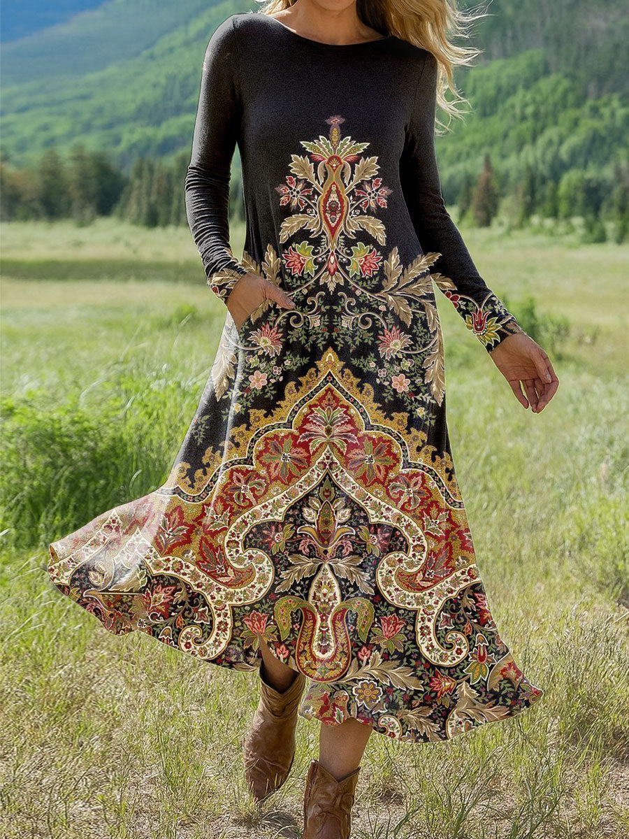Women's Vintage  Cashew Flower Art Print Long-sleeved Dress