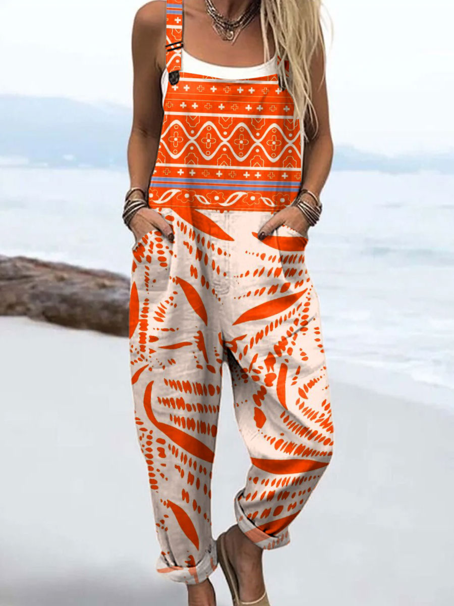 Women's Fashion Color Block Line Art Print Casual 100% Cotton Wide Leg Jumpsuit