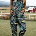 Women's Vintage Jungle Animal Art Print Casual 100% Cotton Wide Leg Jumpsuit