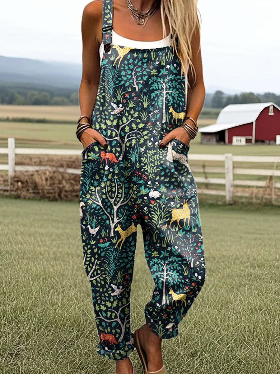 Women's Vintage Jungle Animal Art Print Casual 100% Cotton Wide Leg Jumpsuit