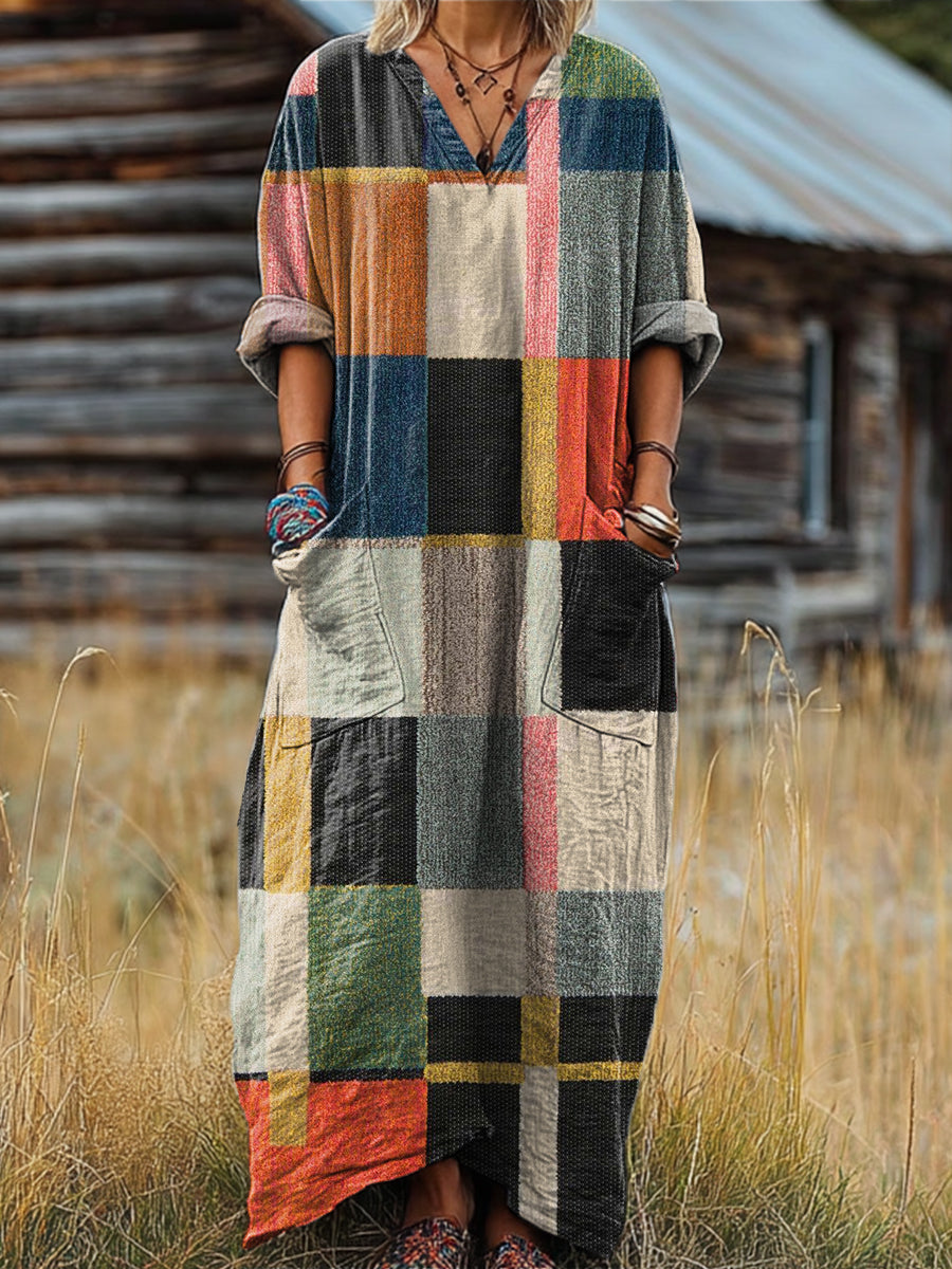 Women's Vintage Multicolor Plaid Painting Art Print Pocket V-neck Cotton Dress