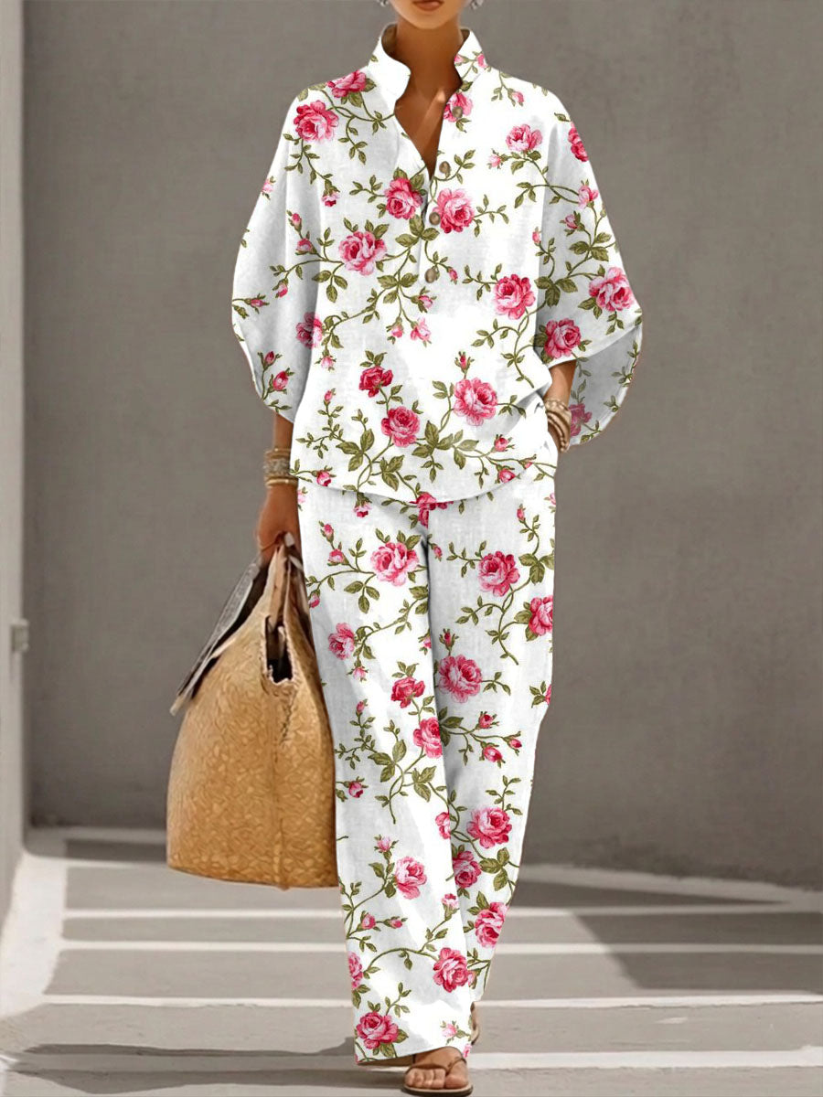 Women's Floral Print Casual Cotton-linen Two-piece Set