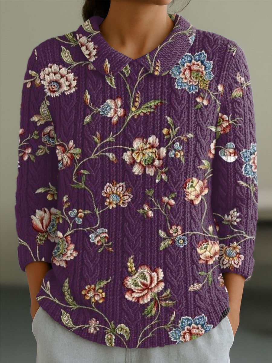 womens-vintage-flower-art-print-casual-peter-pan-collar-3-4-sleeve-sweater-f9gt