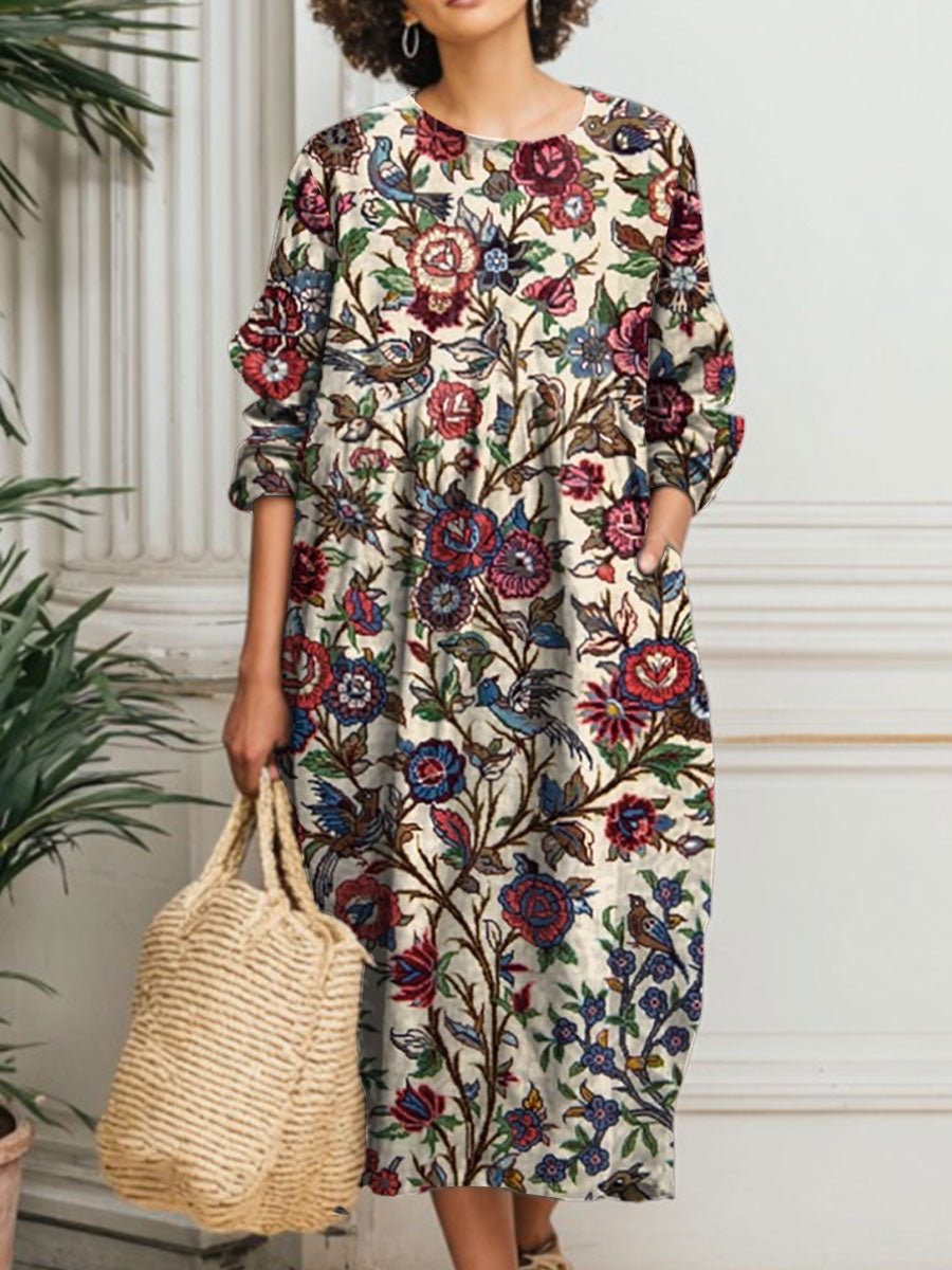 Women's Vintage Flower Art Print Pocket Cotton Dress