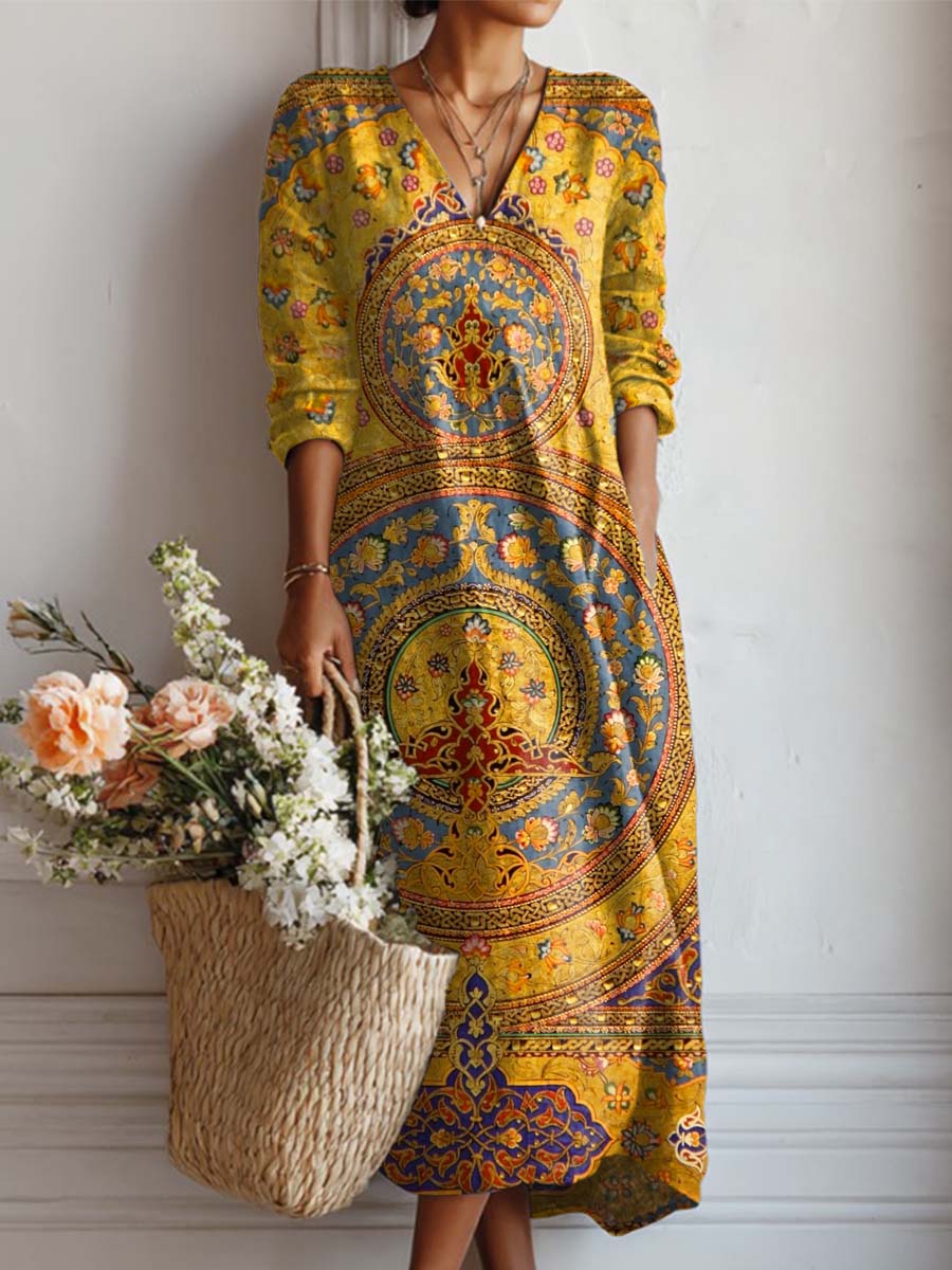 Women's Vintage Pattern Art Print Cotton And Linen Pocket Dress