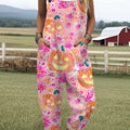Women's  Vintage Pumpkin Art Print Casual 100% Cotton Wide Leg Jumpsuit