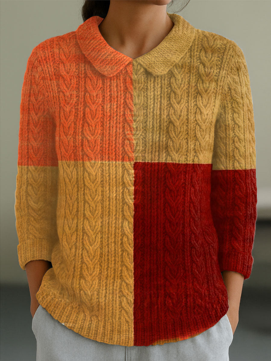 Women's Vintage Abstract Geometric Art Print Casual Peter Pan Collar 3/4 Sleeve Sweater