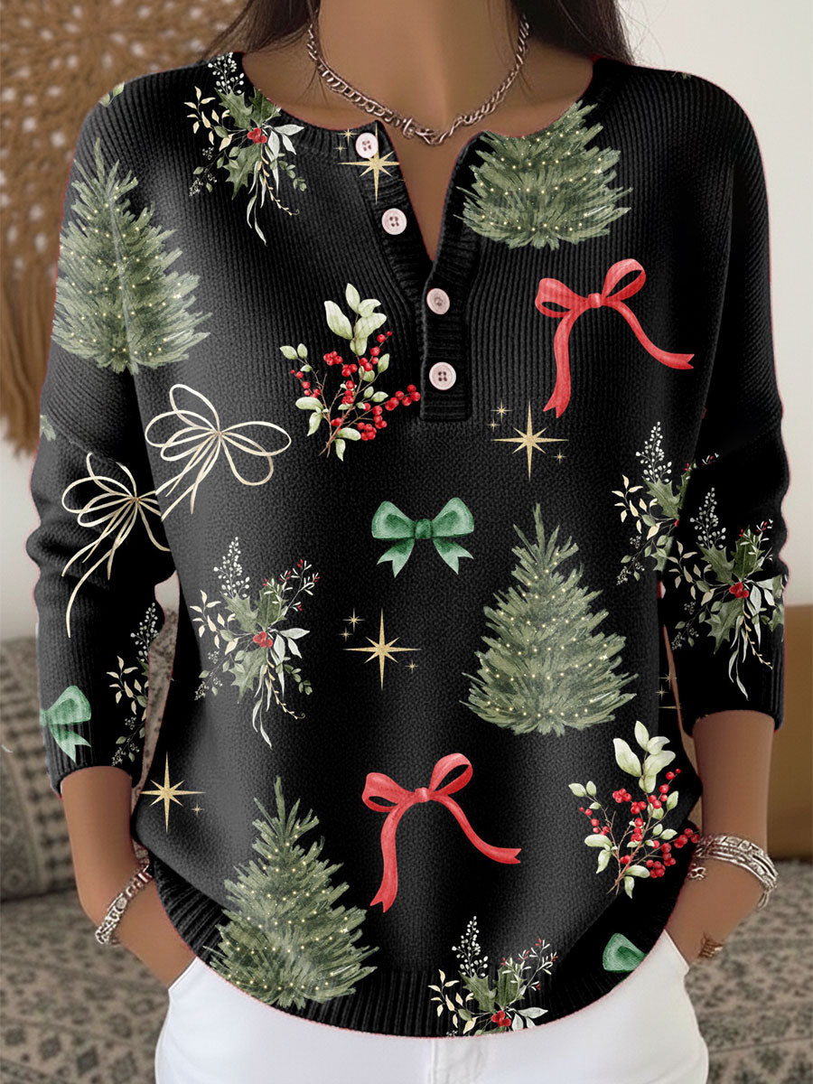 Vintage Christmas Art Print Buttoned Cardigan Sweater