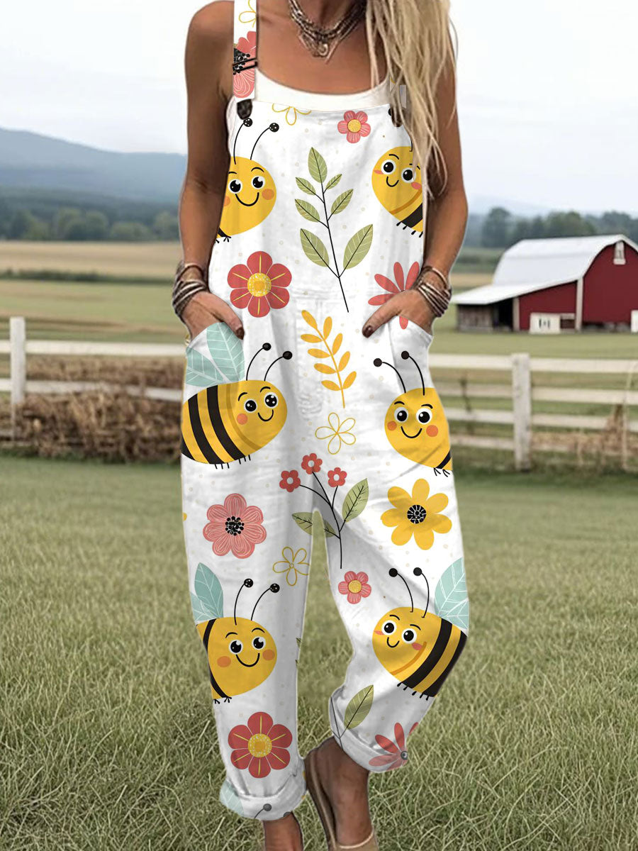Women's  Funny Flower Bee  Art Print Casual 100% Cotton Wide Leg Jumpsuit