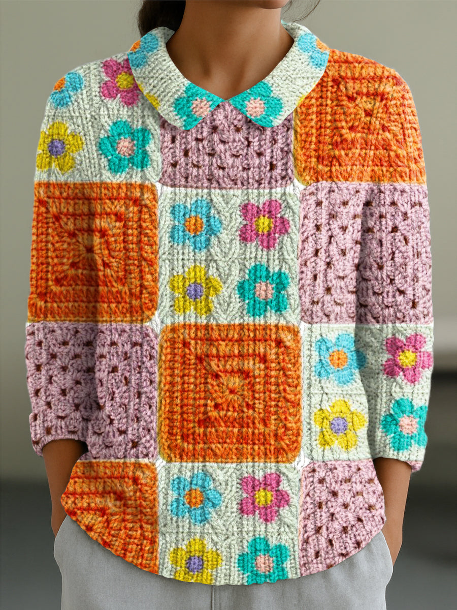 womens-cute-colorful-floral-plaid-painting-art-print-casual-peter-pan-collar-3-4-sleeve-sweater-b9la