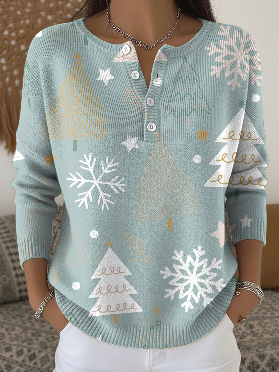 Women's Christmas Tree Snowflake Pattern Art Print Buttoned Cardigan Sweater