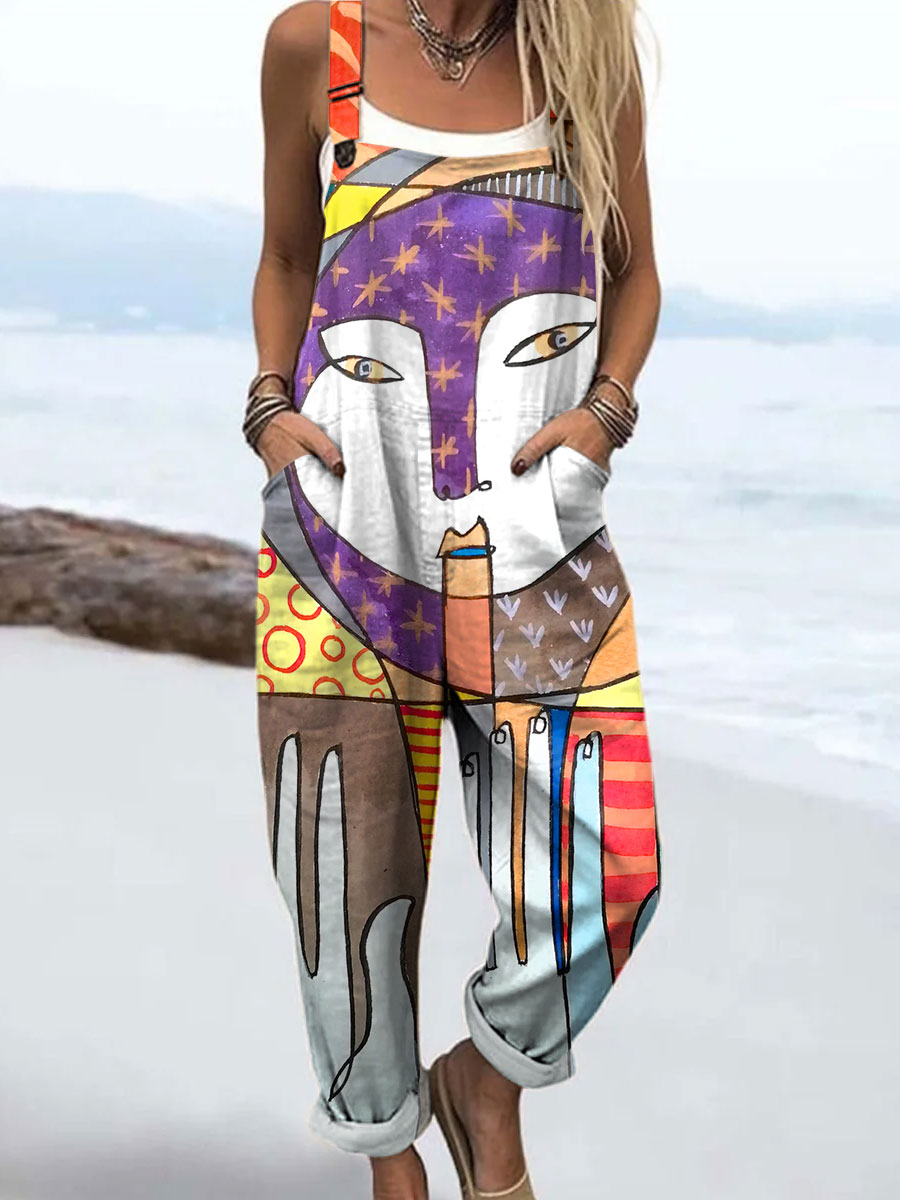 Women's Colorful Abstract Realistic Face Art Print Casual 100% Cotton Wide Leg Jumpsuit