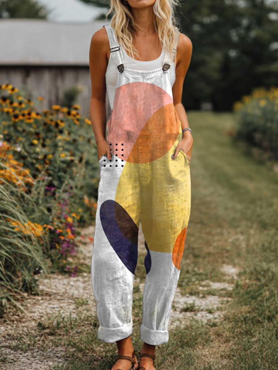 Women's  Vintage Abstract Geometric Art Print Casual 100% Cotton Wide Leg Jumpsuit