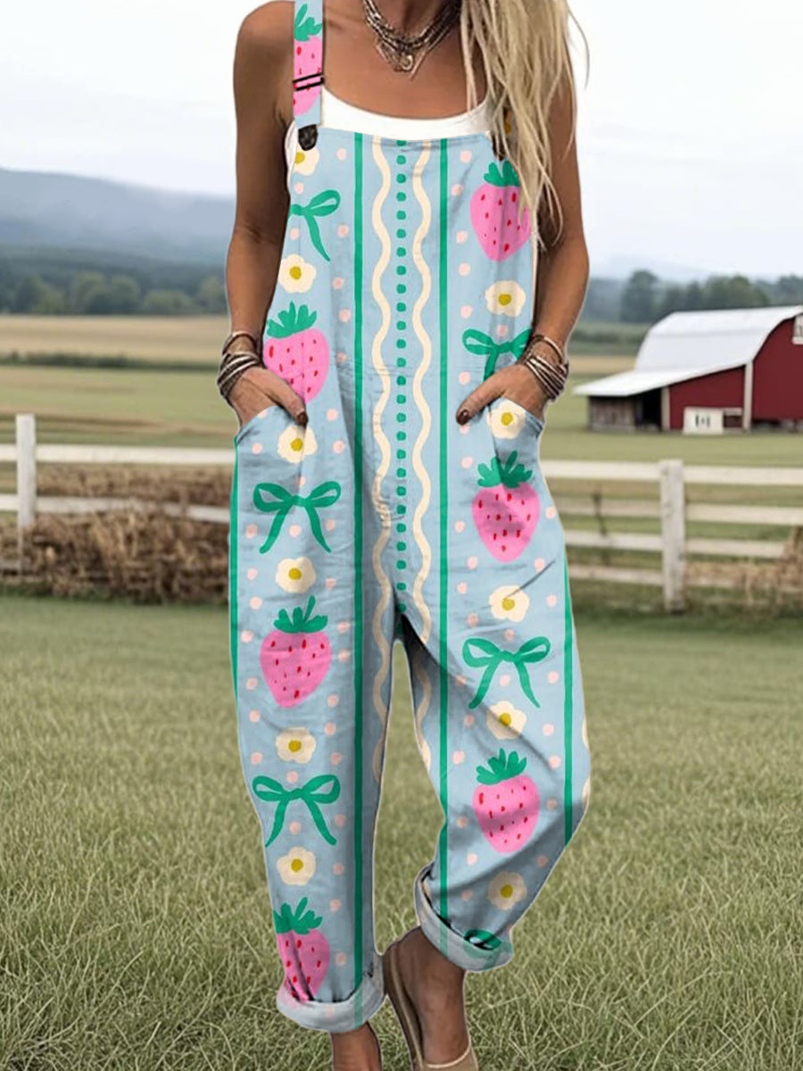 Women's Art Cute Strawberry Bow Print Casual 100% Cotton Wide Leg Jumpsuit