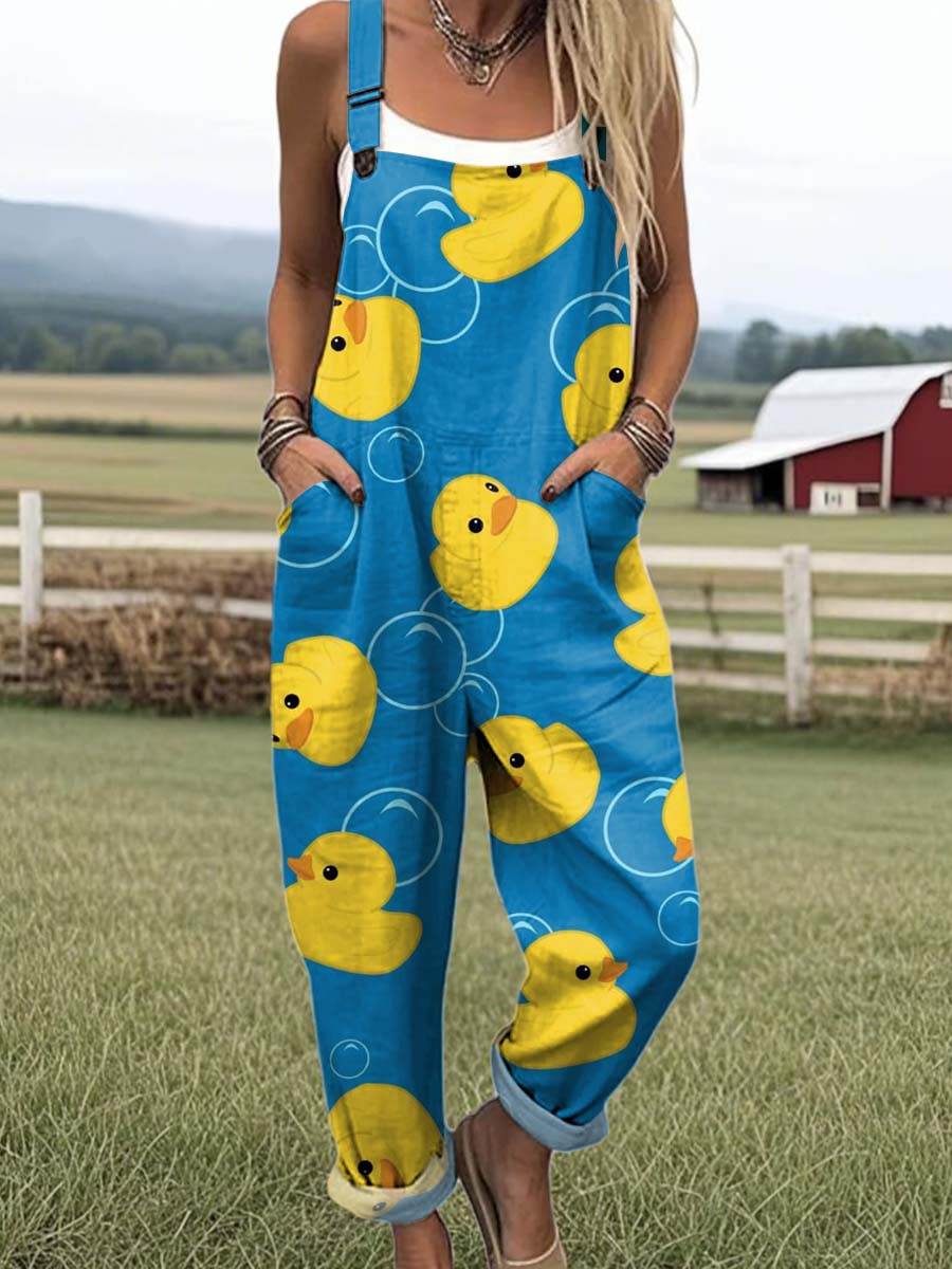 Women's Lovely Duck Art Print Casual 100% Cotton Wide Leg Jumpsuit