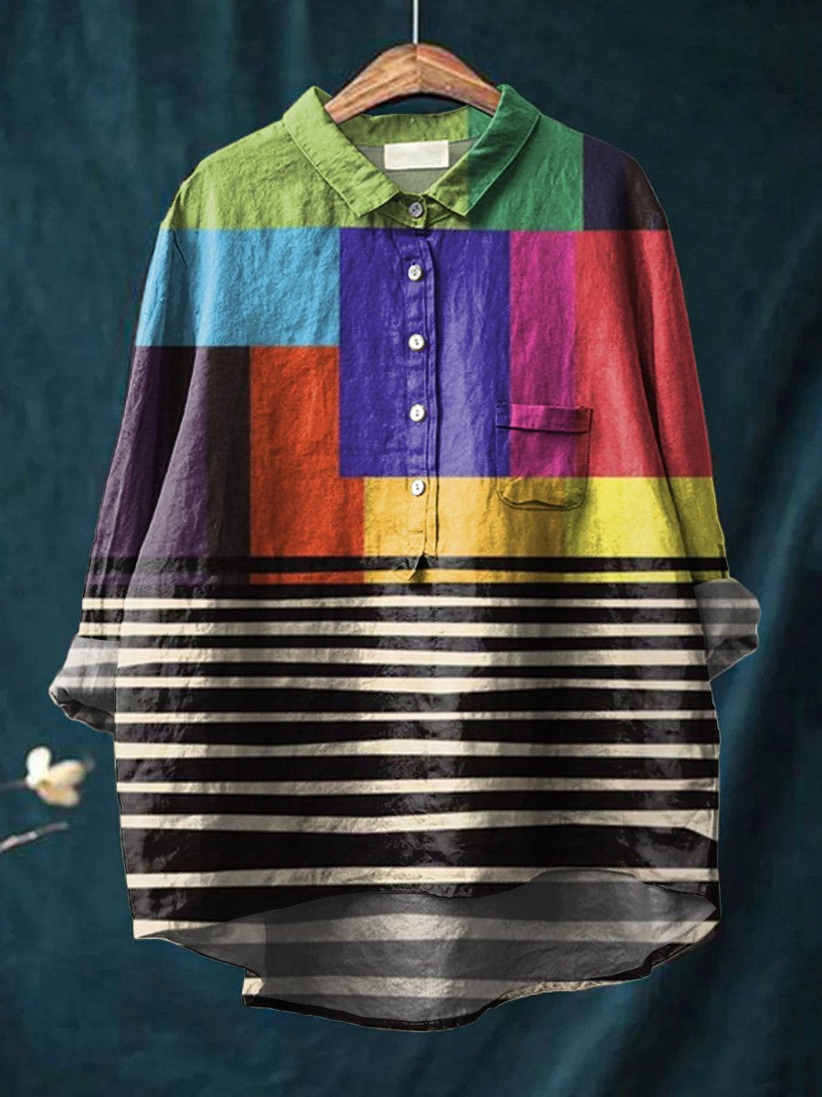 Women's Abstract Print Art Casual Cotton And Linen Shirt