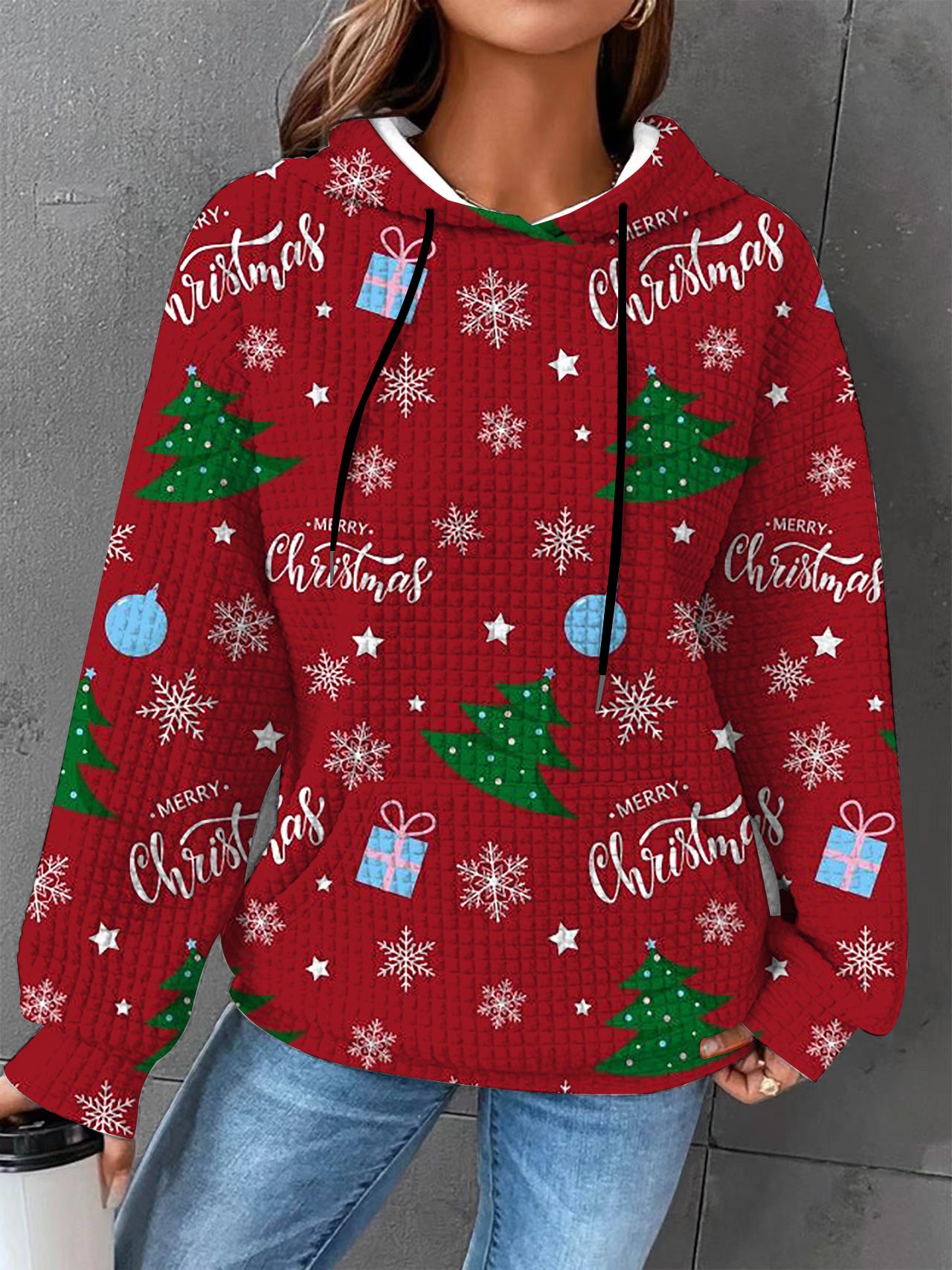 Plus size Autumn/Winter Women's Waffle Essential Creative Printed Long Sleeve Hooded Sweatshirt