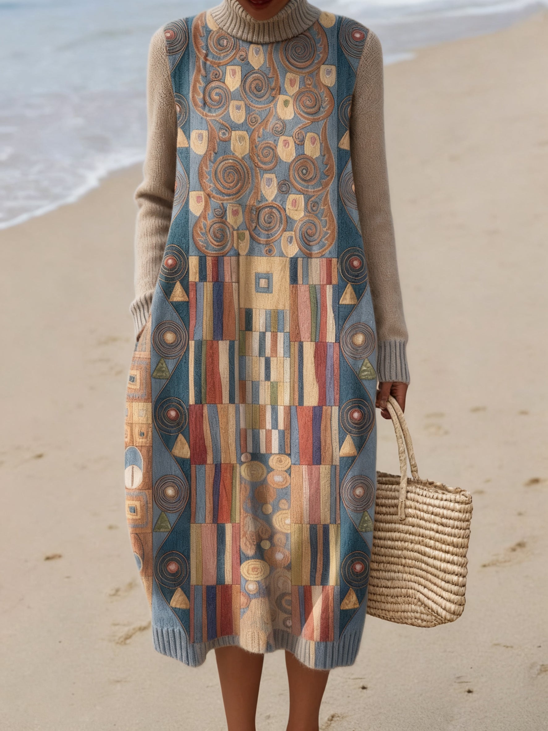 Women's Geometric Art Print Casual Cotton Sweater Dress