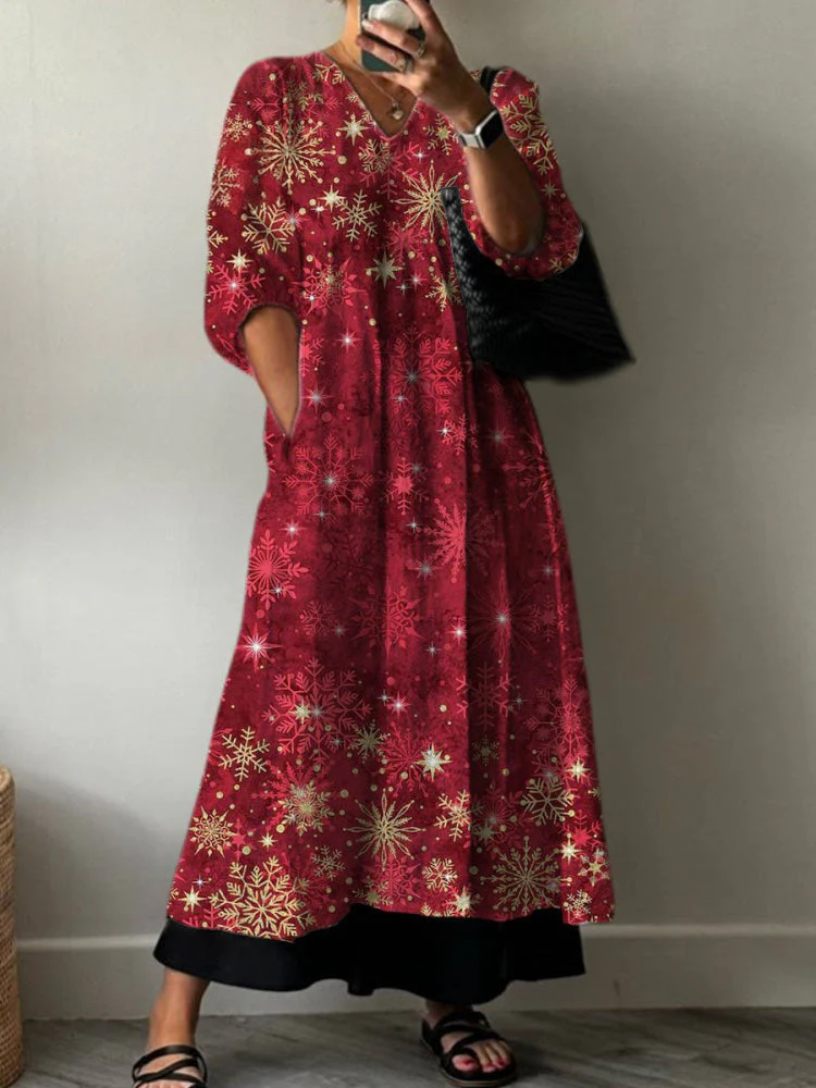 Women's   Glitter Gradient  Christmas Print Pocket V-neck Cotton Dress