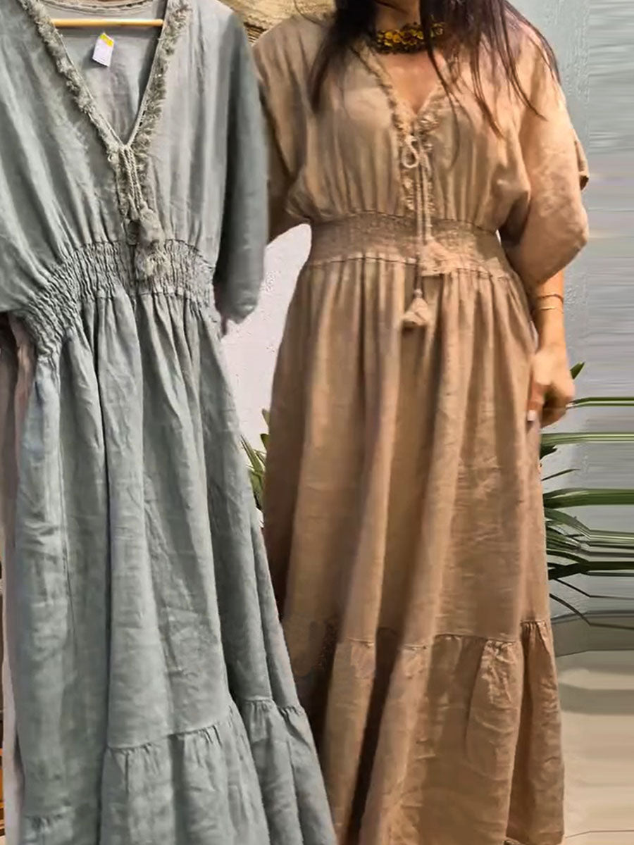 Women's V-neck Short Sleeve Elastic Waist Solid Color Casual Cotton and Linen Dress