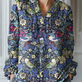 Women's Vintage Flower Art Print Casual Cotton And Linen Ruffle Shirt