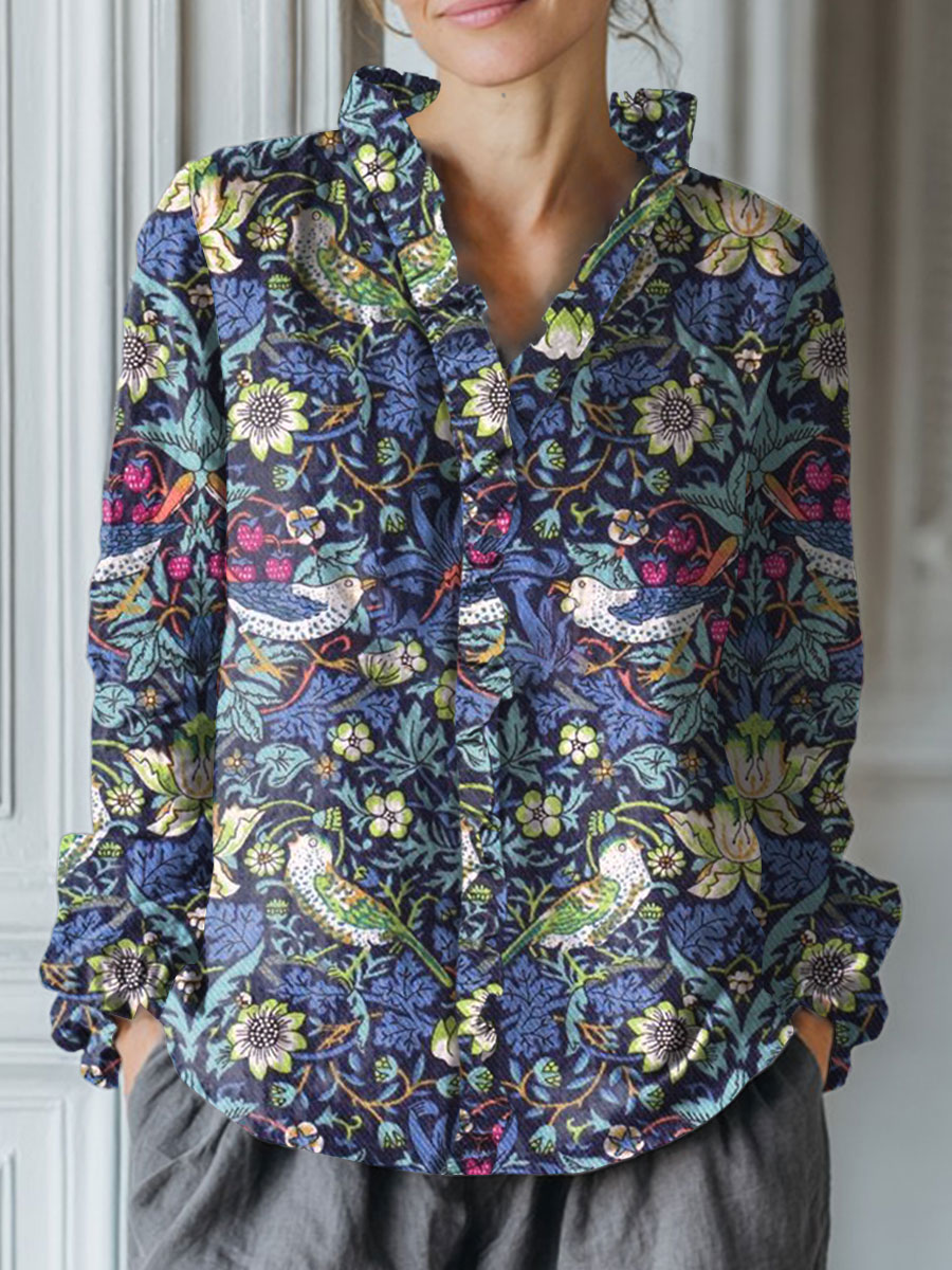 Women's Vintage Flower Art Print Casual Cotton And Linen Ruffle Shirt