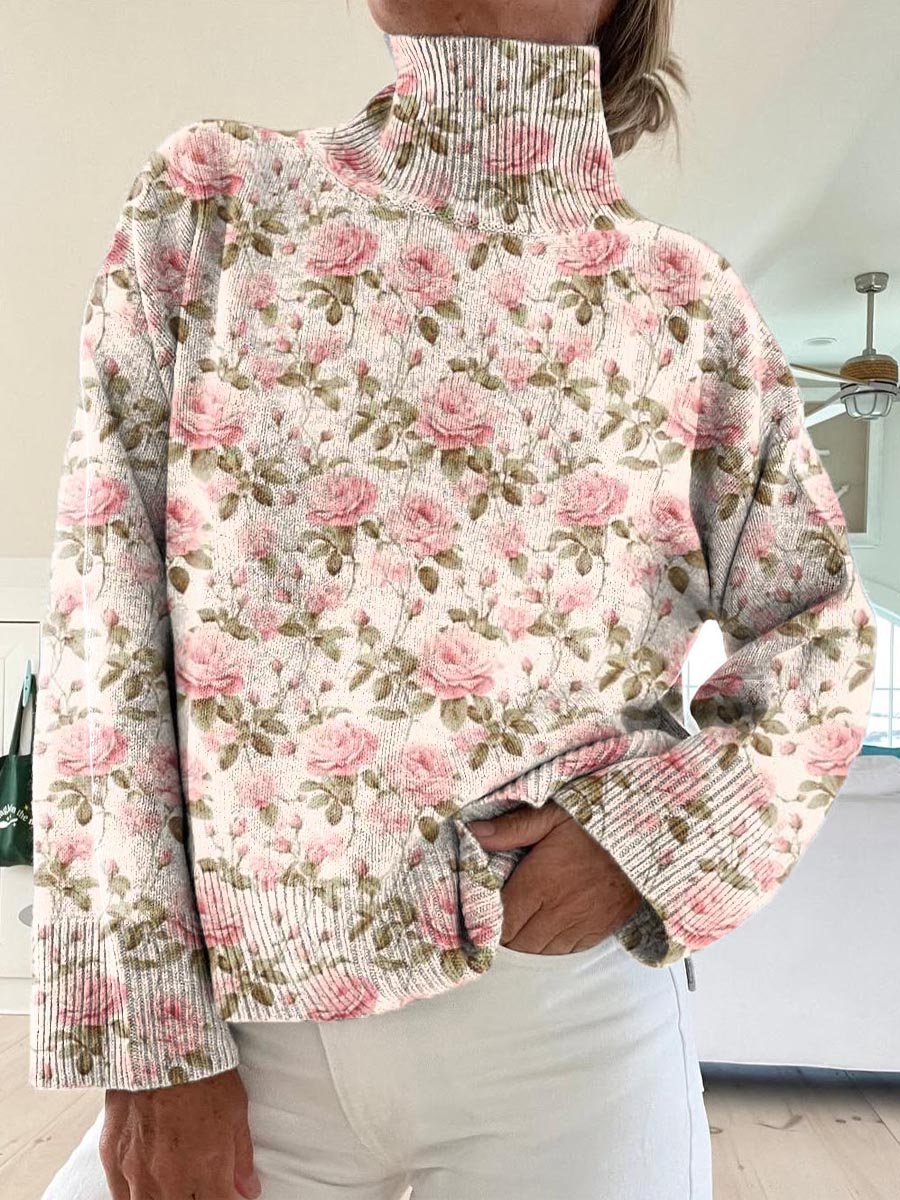 womens-lovely-floral-pattern-art-print-knit-turtleneck-pullover-sweater-zlzq