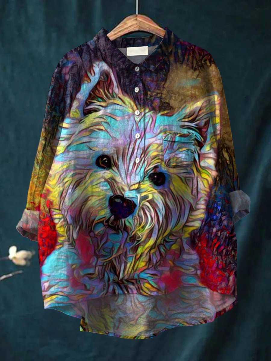 Women's Dog Print Casual Cotton And Linen Shirt