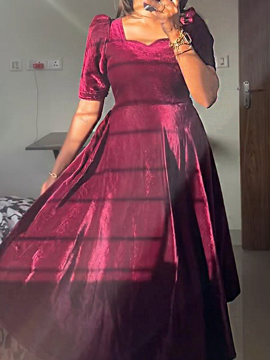 Women's Solid Color Square Neck Short Sleeve Casual A-Line Velvet Dress