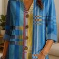 Women's Blue Geometric Color Splicing Pattern Print Casual Cotton And Linen Shirt
