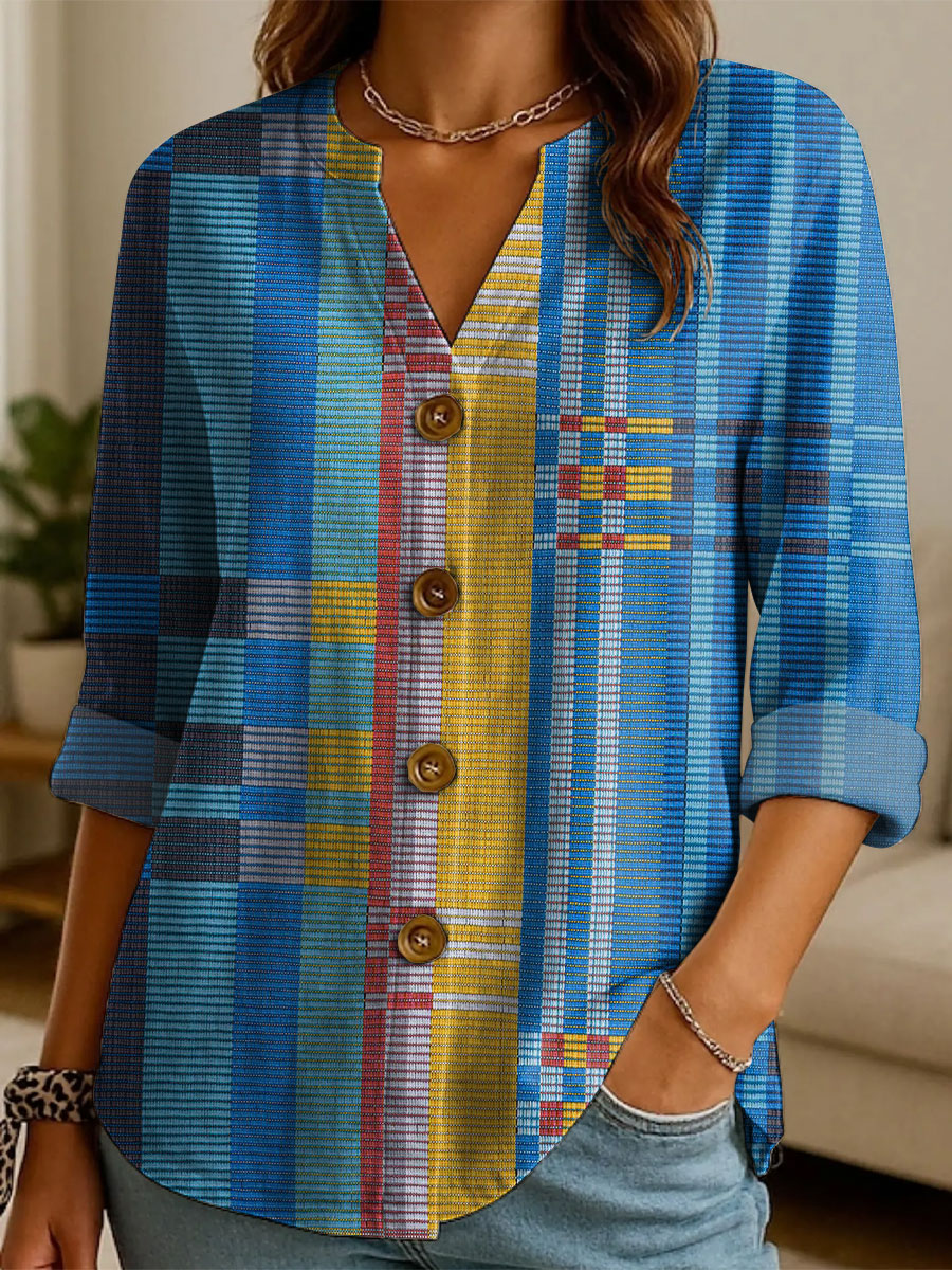 Women's Blue Geometric Color Splicing Pattern Print Casual Cotton And Linen Shirt