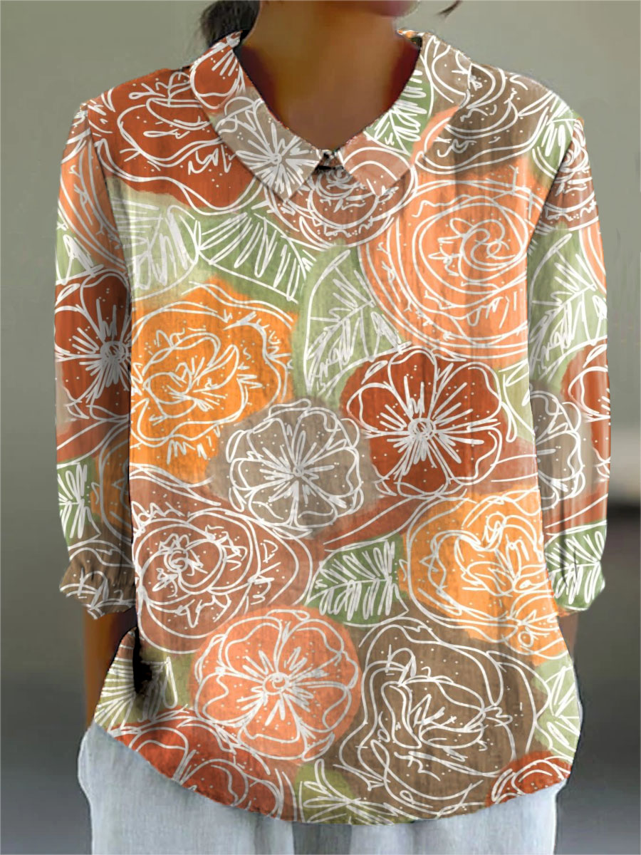 Women's Flowers Print Casual Cotton And Linen 3/4 Sleeve Shirt