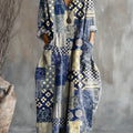 Women's Vintage Floral Patchwork Pattern Art Pattern Print Pocket V-neck Cotton Dress