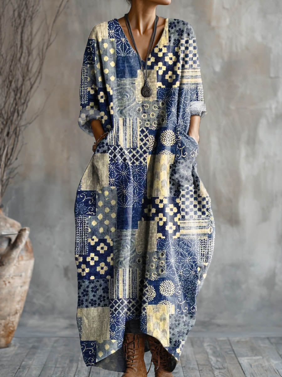 Women's Vintage Floral Patchwork Pattern Art Pattern Print Pocket V-neck Cotton Dress