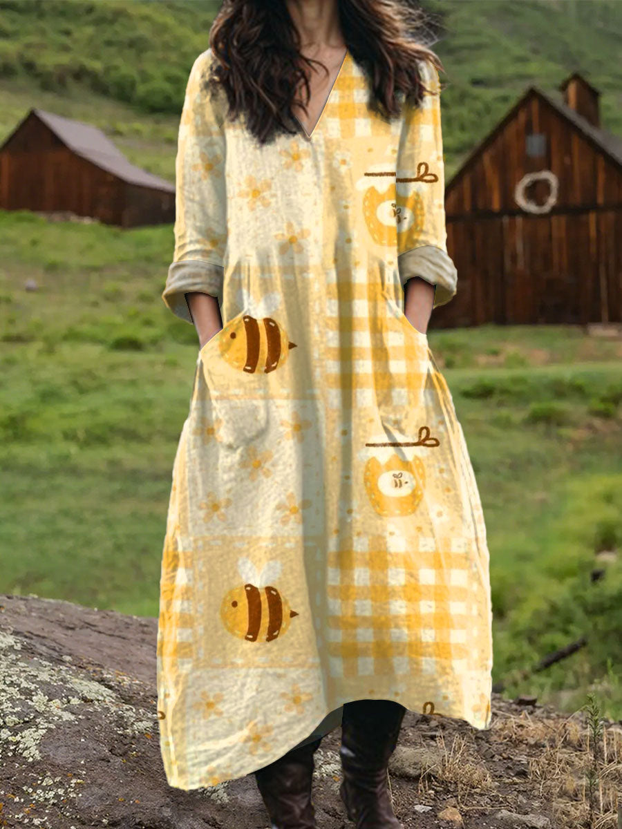 Women's Vintage Bee Art Print Pocket V-neck Cotton Dress