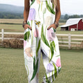 Women's Retro Artistic Flowers Print Casual 100% Cotton Wide Leg Jumpsuit