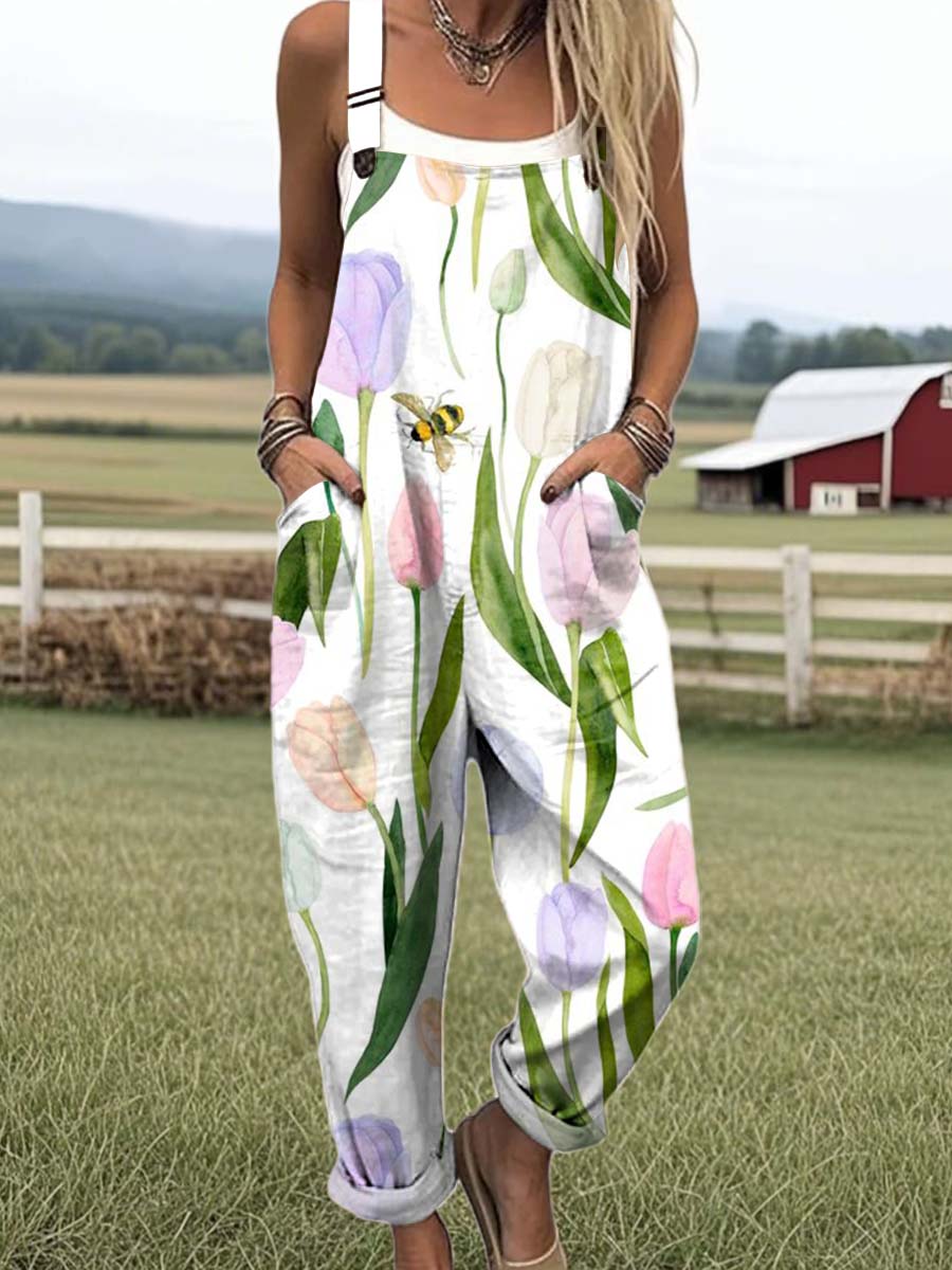 Women's Retro Artistic Flowers Print Casual 100% Cotton Wide Leg Jumpsuit