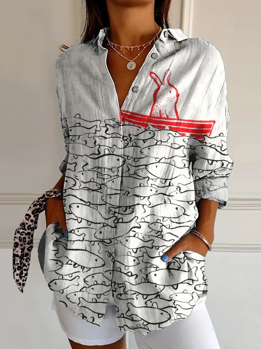 Women's Fishing Rabbits Print Casual Cotton Shirt