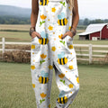 Women's Lovely Bees Floral Art Print Casual 100% Cotton Wide Leg Jumpsuit