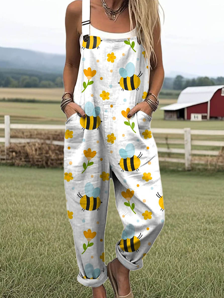 Women's Lovely Bees Floral Art Print Casual 100% Cotton Wide Leg Jumpsuit