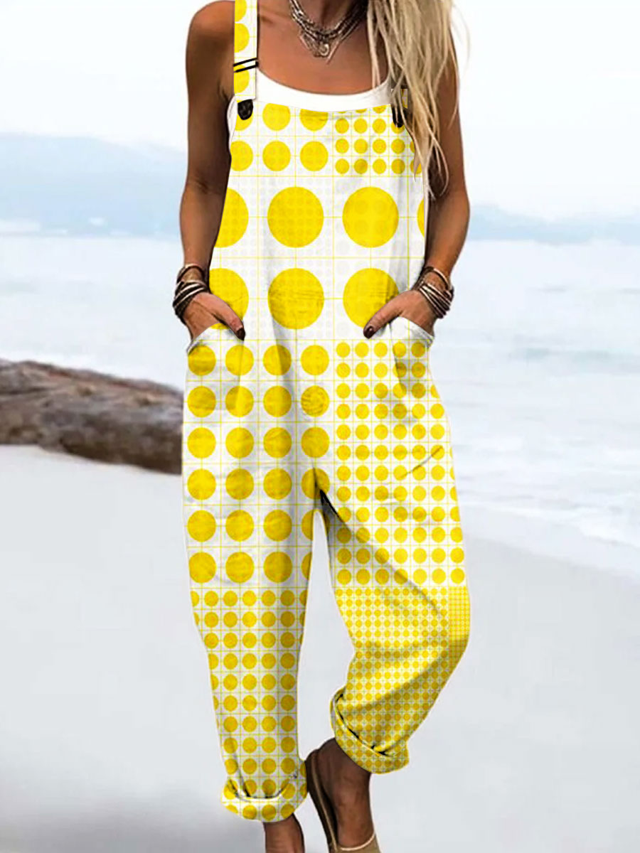 Women's Vintage Abstract Geometric Line Art Print Casual 100% Cotton Wide Leg Jumpsuit