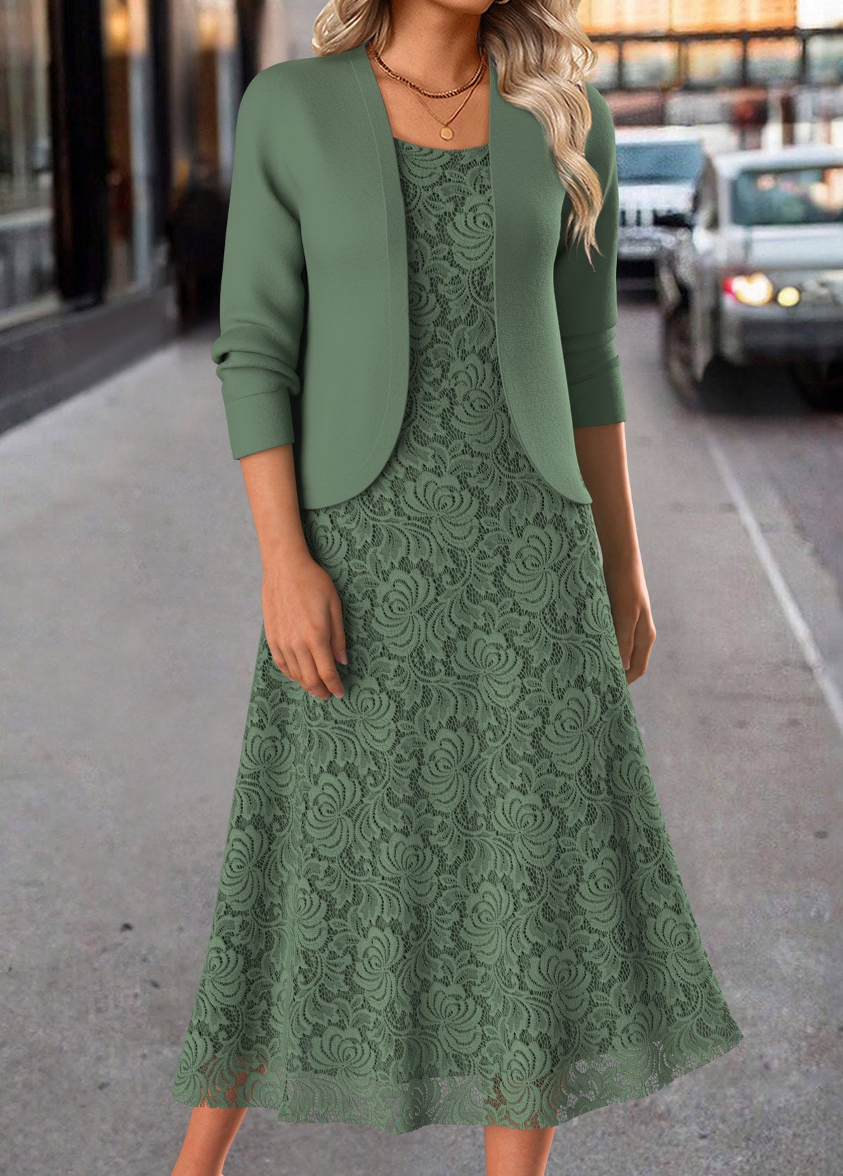 Sage Green Two Piece Long Sleeve Dress and Cardigan