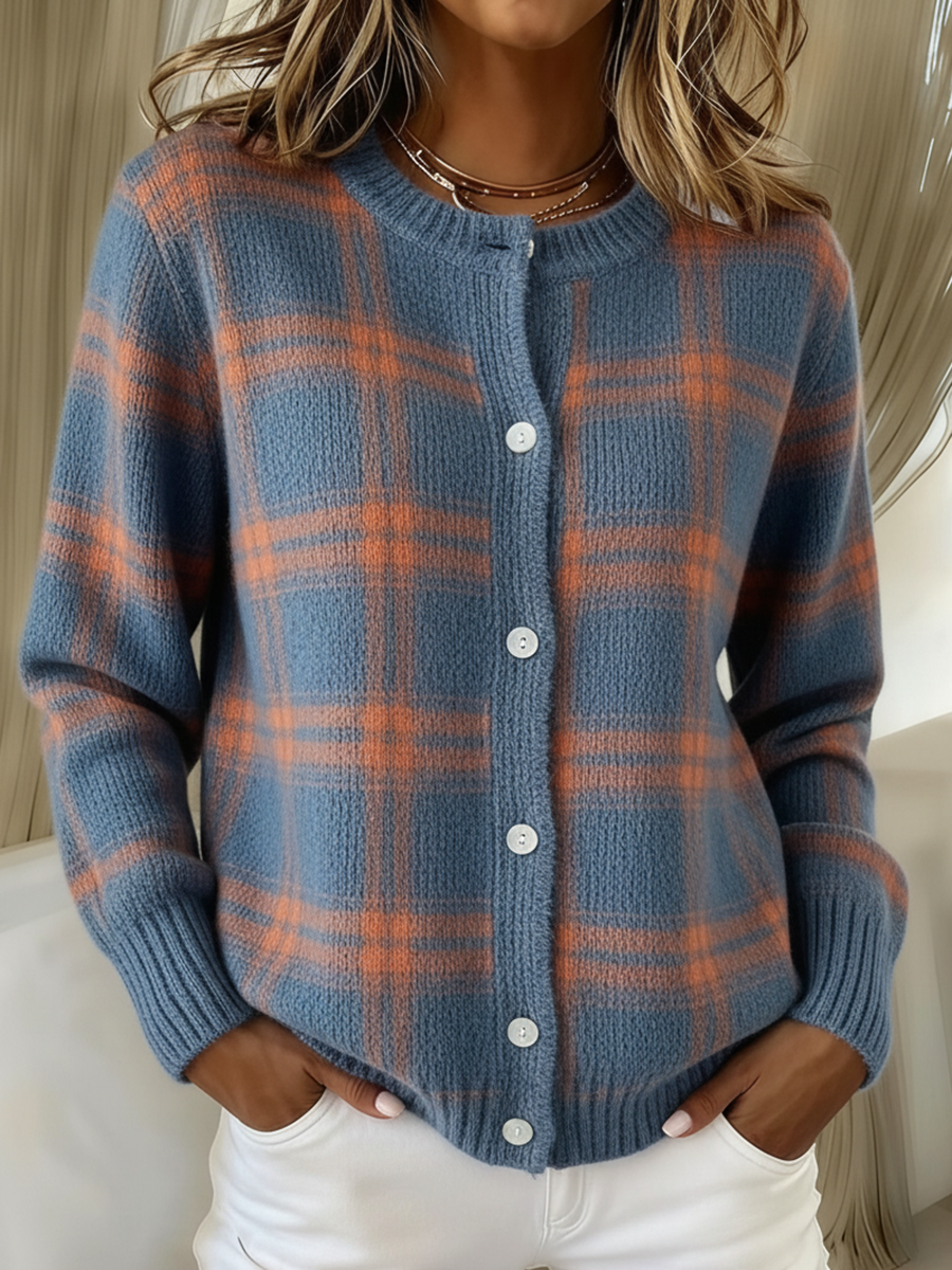 Vintage Soft Plaid Contrast Color Round Neck Button Knit Cardigan Sweater