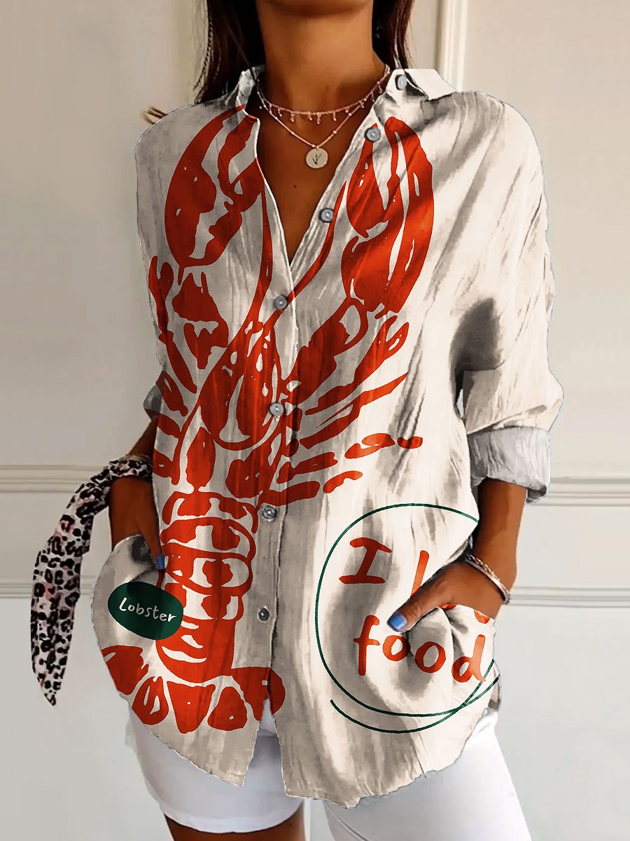 Women's Vintage Lobster Art Print Casual Cotton Shirt