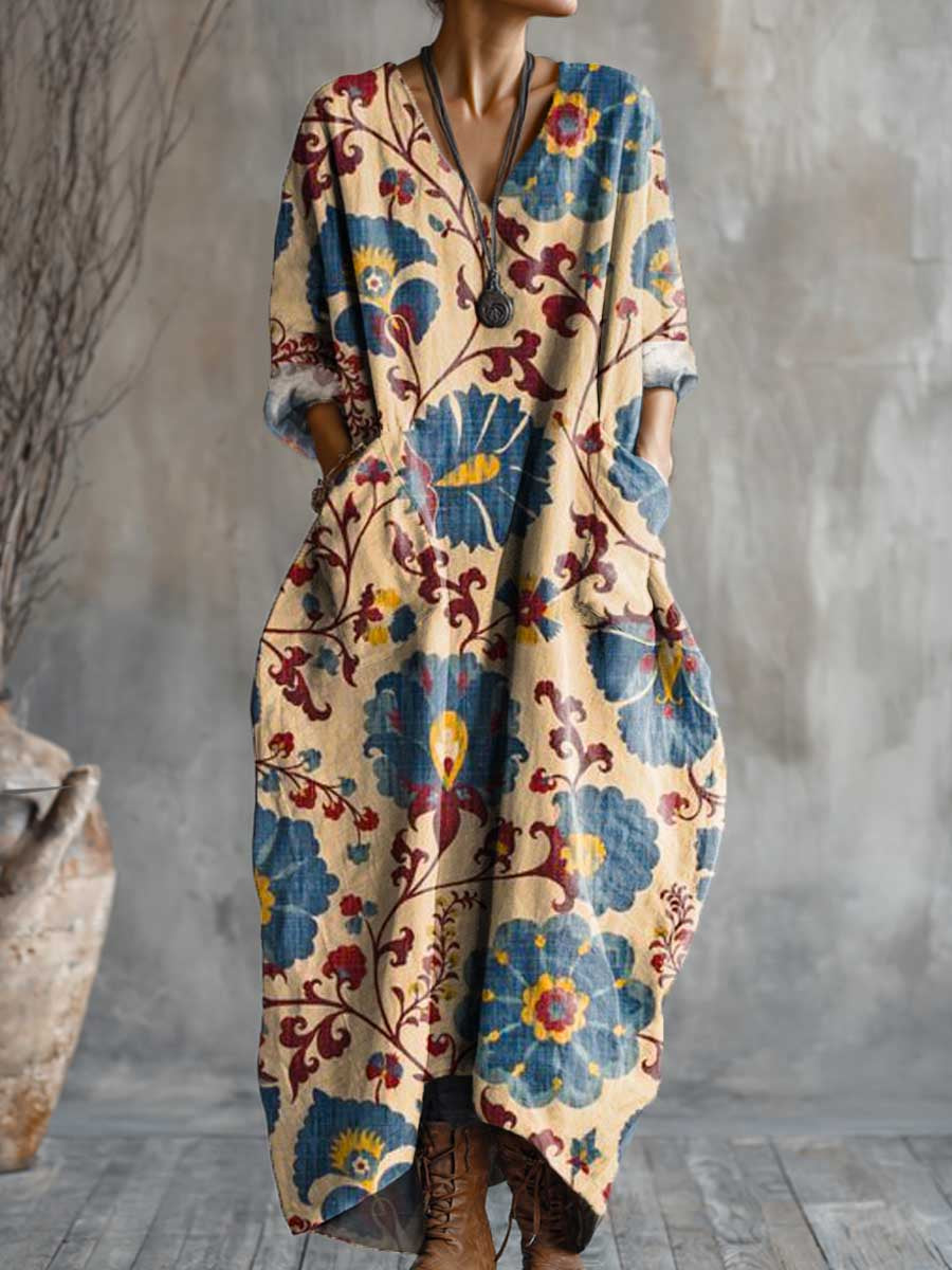 Women's Vintage Floral Art Pattern Print Pocket V-neck Cotton Dress