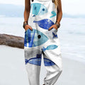 Women's Vintag Abstract Fish Art Print Casual 100% Cotton Wide Leg Jumpsuit