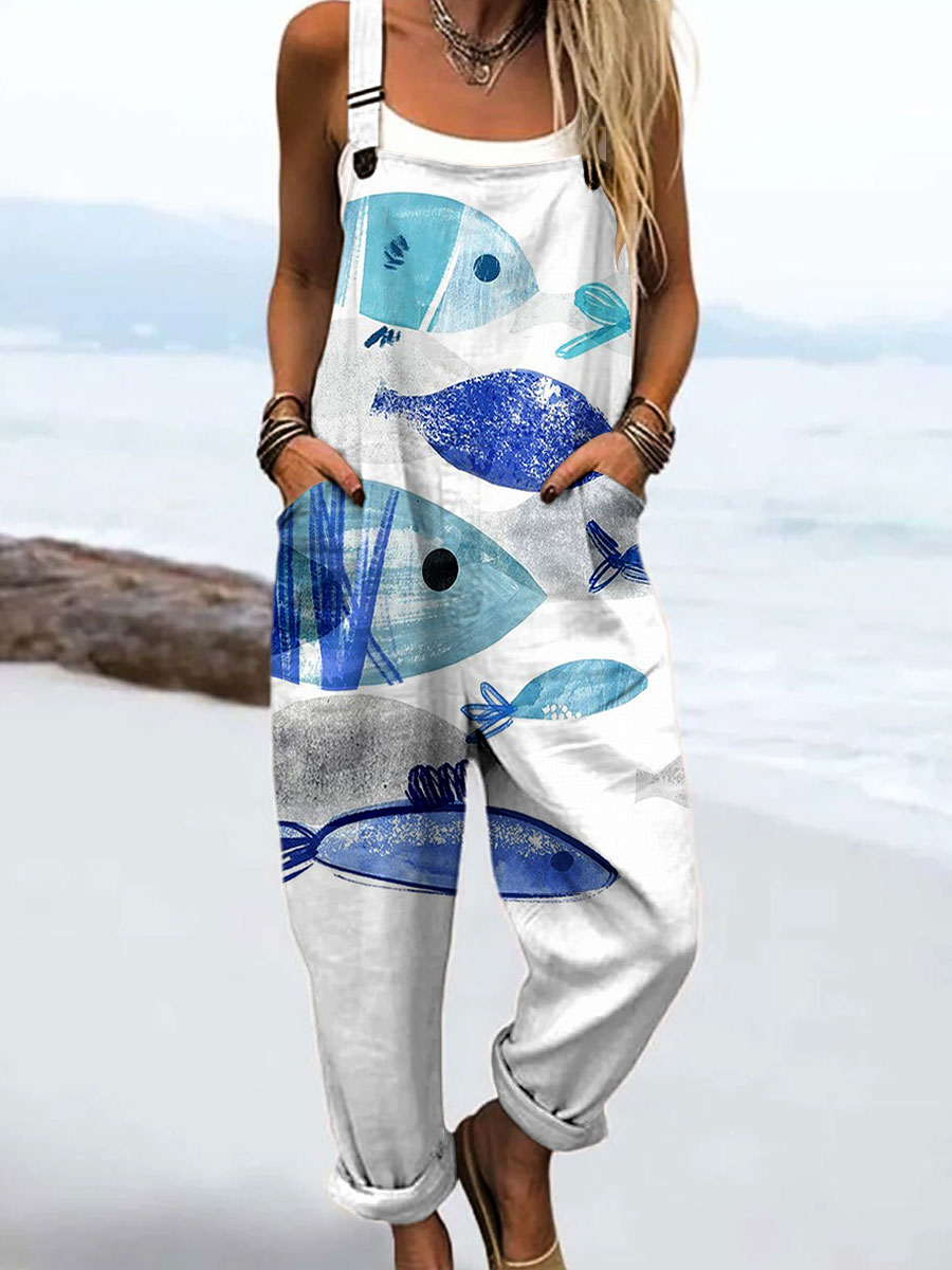 Women's Vintag Abstract Fish Art Print Casual 100% Cotton Wide Leg Jumpsuit