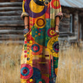 Women's Abstract Colorful Circular Geometric Painting Art Print Pocket V-neck Cotton Dress